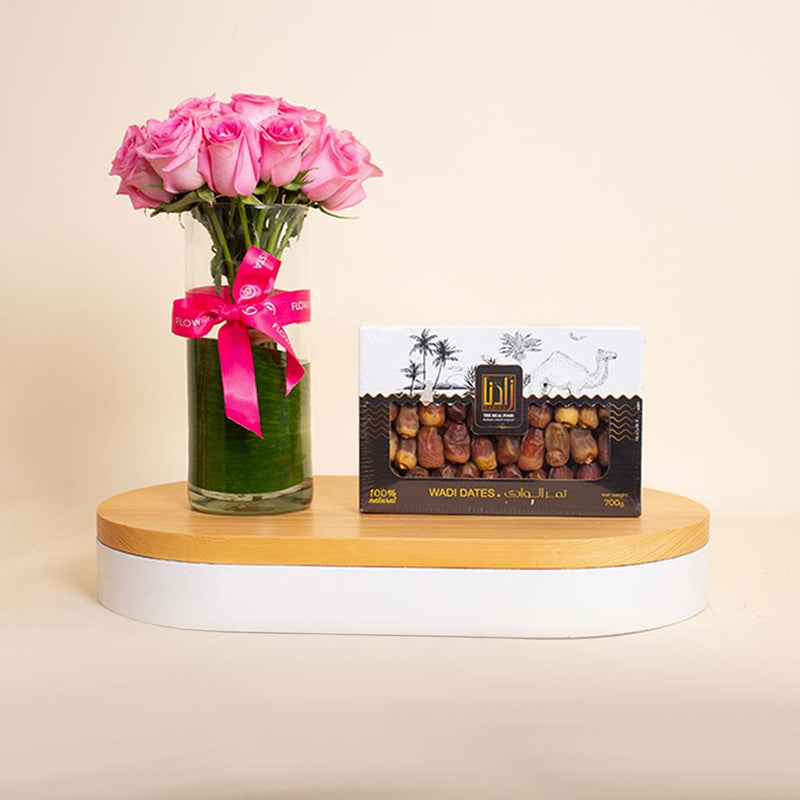 Zadna Dates & 15 Pink Roses Vase