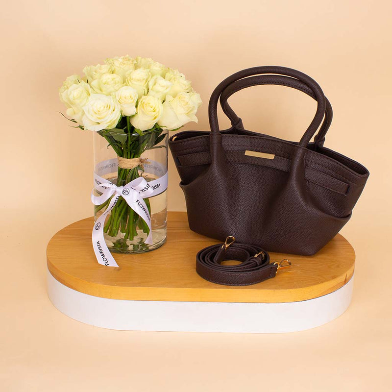Alamki Alice Bag Brown & White Roses Vase