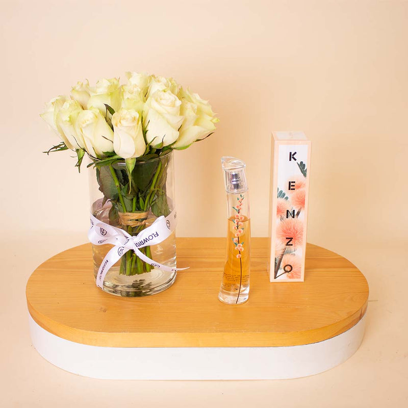 Kenzo Flower Ikebana EDP 75ml & White Roses Vase
