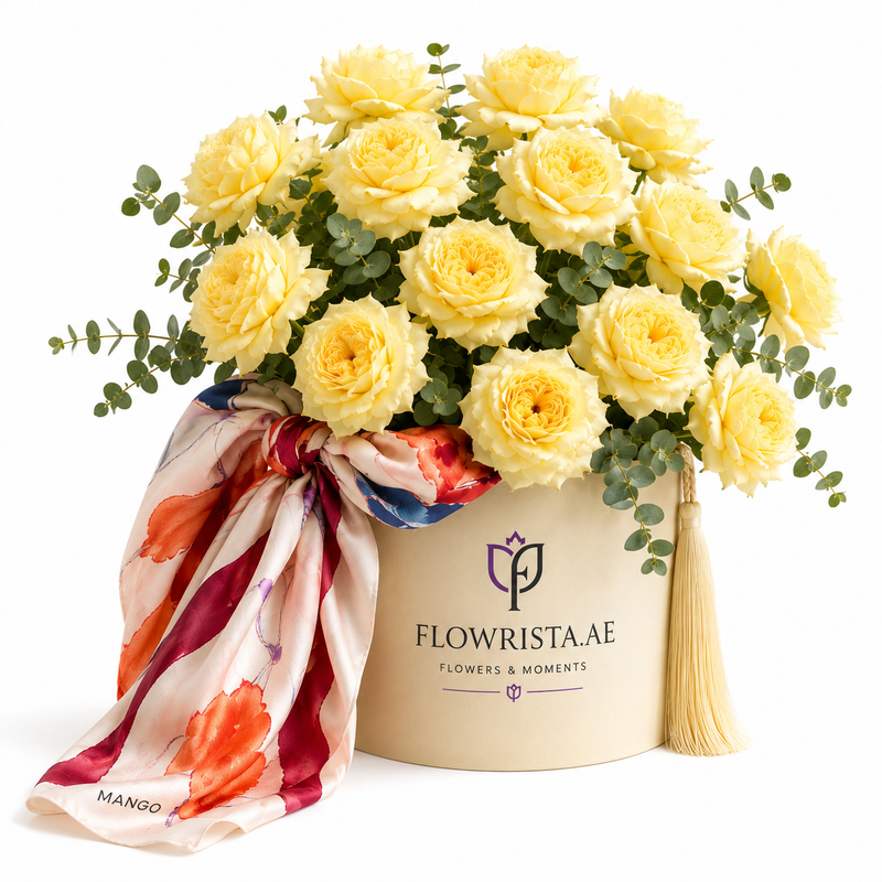 Mango Floral Print Scarf with Flowrista Yellow Spray Roses Box