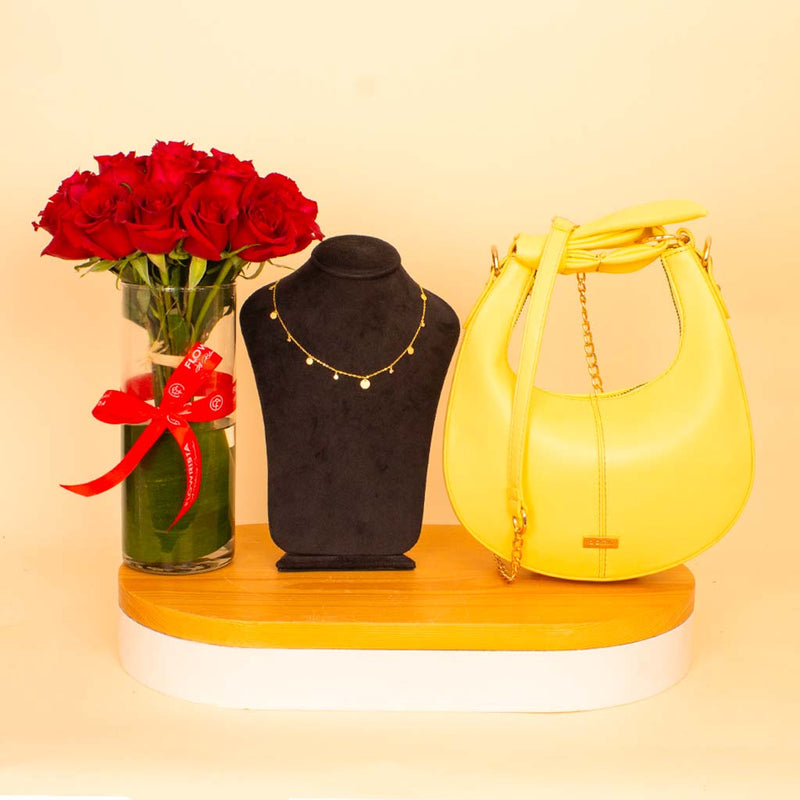 Bella Yellow & Golden Circles Bundle - Alamki Bag & Felizmoda Necklace & Red Roses Vase