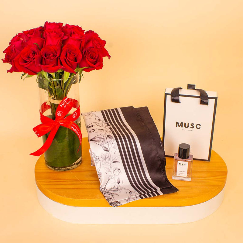 Coffee Musk & Hams Scarf Roses Bundle — MUSC 30ml & Velour Hams Scarf & Red Roses