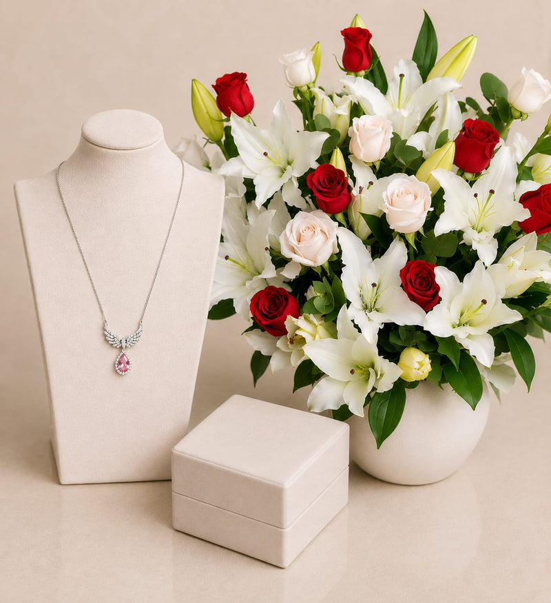 Silvara Angel Wings Necklace & Mixed Flower Vase