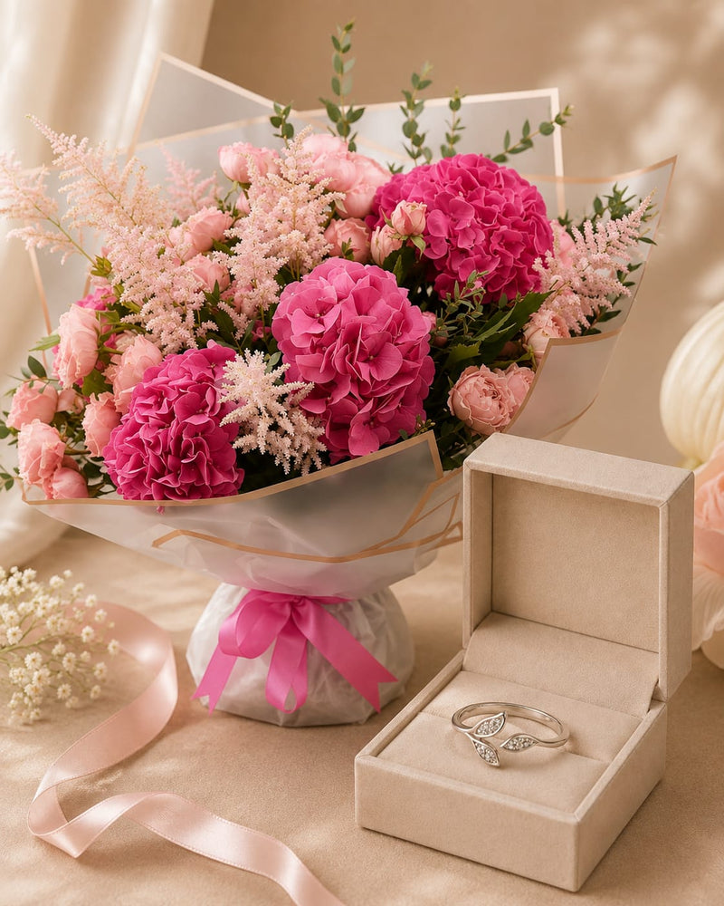 Silvara Leaf Ring & Pink Hydrangea Astilbe Bouquet