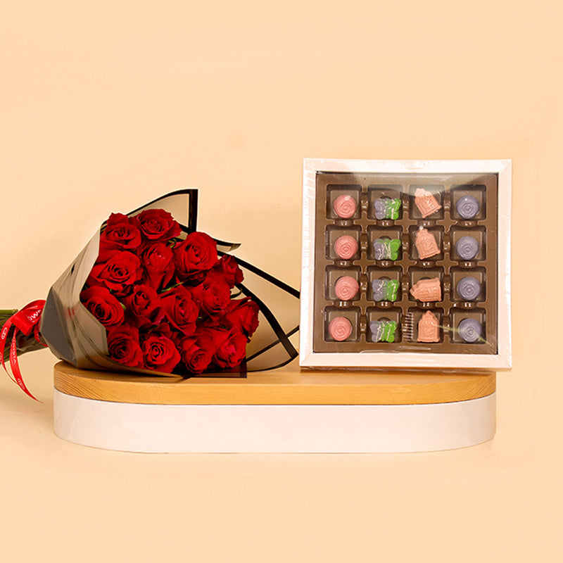 Fleur 16 Pieces Belgian Chocolate Bonbons with Hand Bouquet of 20 Red Roses