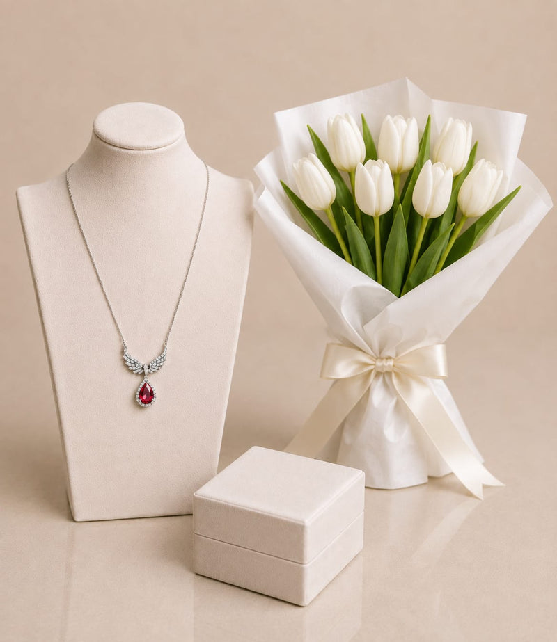 Silvara Angel Wings Necklace & White Tulips Bouquet