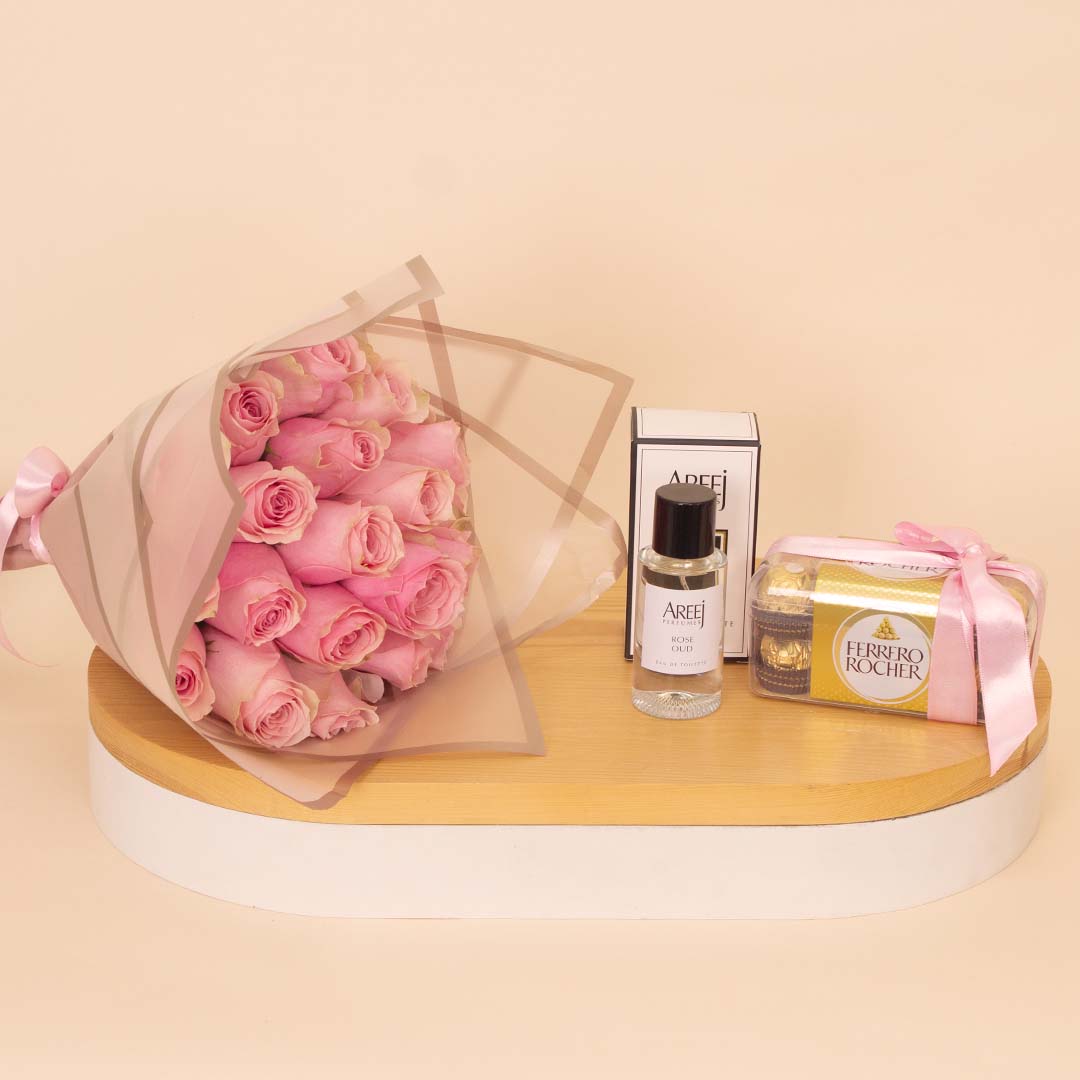 Areej Gift of Fragrance, Ferrero Rocher Chocolates & Pink Roses