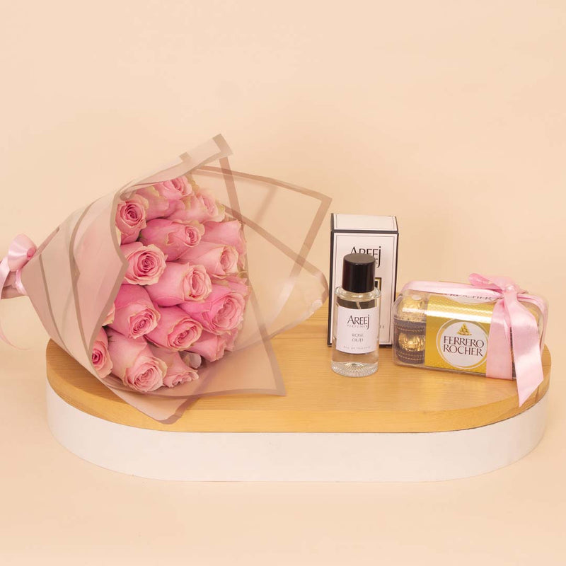 Areej Gift of Fragrance, Ferrero Rocher Chocolates & Pink Roses