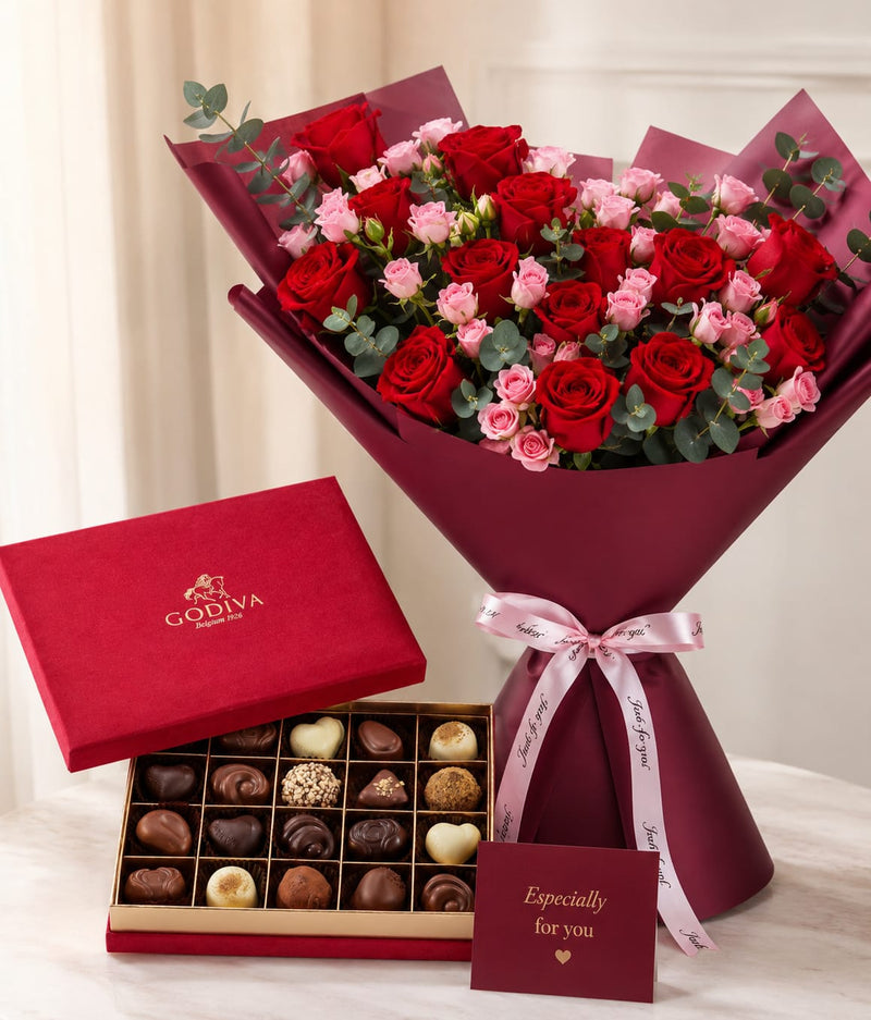 Godiva Chocolate Box & Red Roses Bouquet with Card