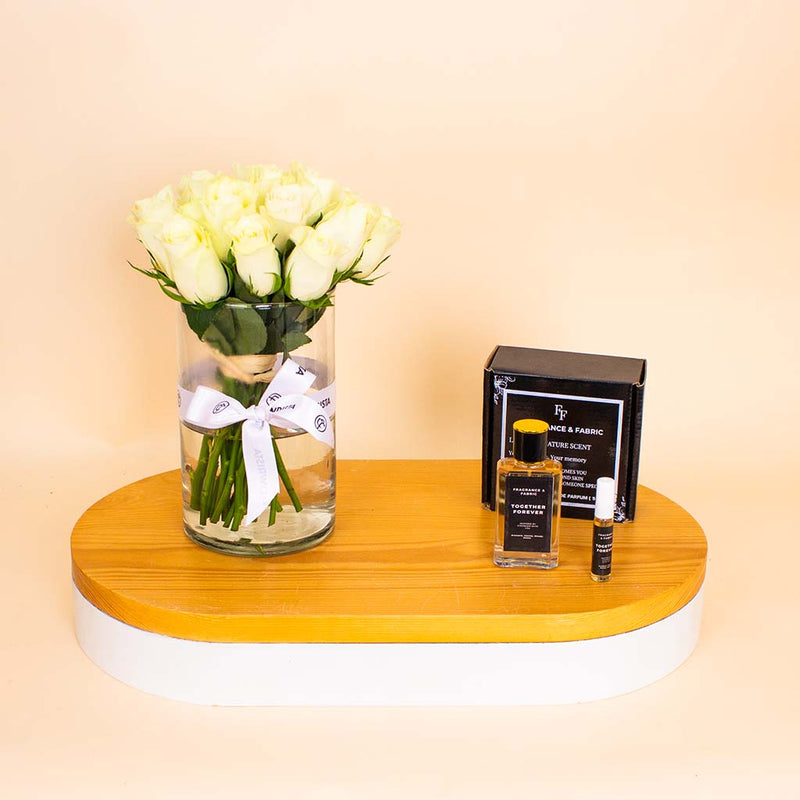 Fragrance & Fabric Stronger With You – For Men & White Roses Vase