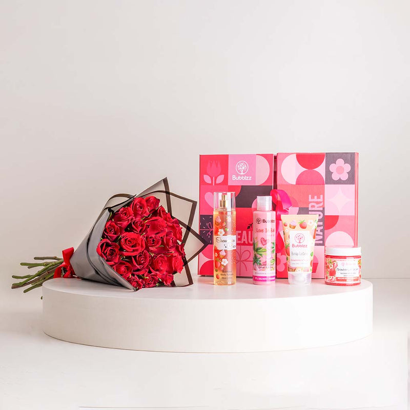 Bubblzz Strawberry Body Care Collection & 20 Red Roses Bouquet