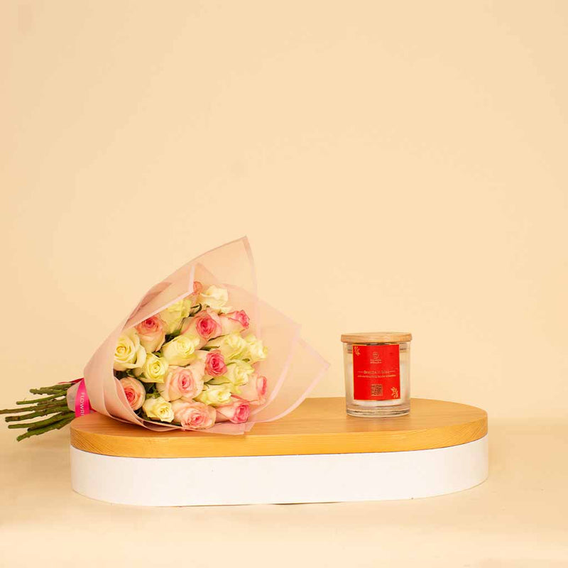 20 White&Pink Roses With Candle