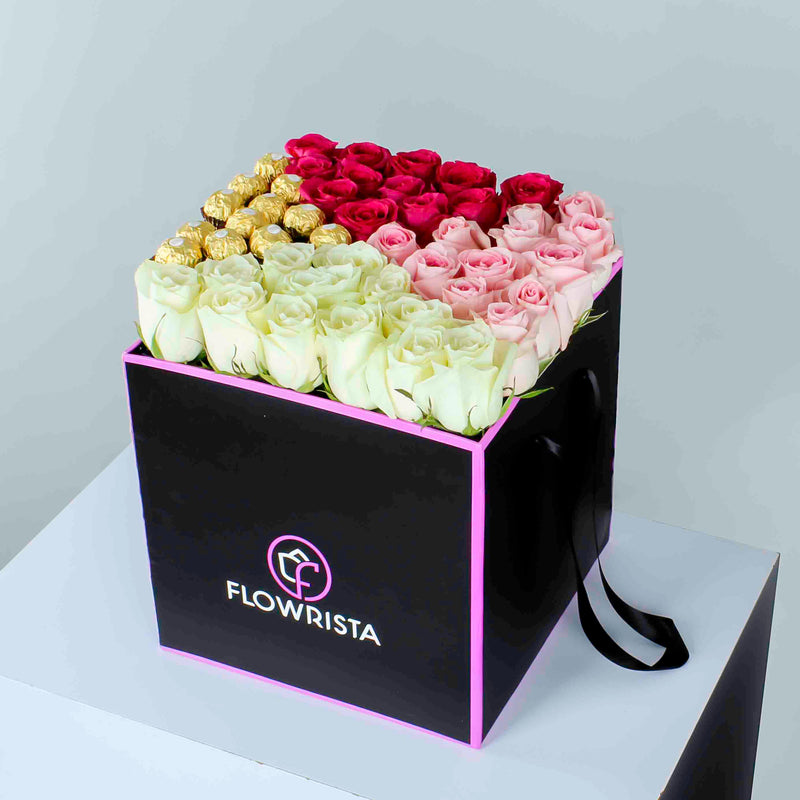 Box of Pink, Red & White Roses with Ferrero Rocher Chocolates