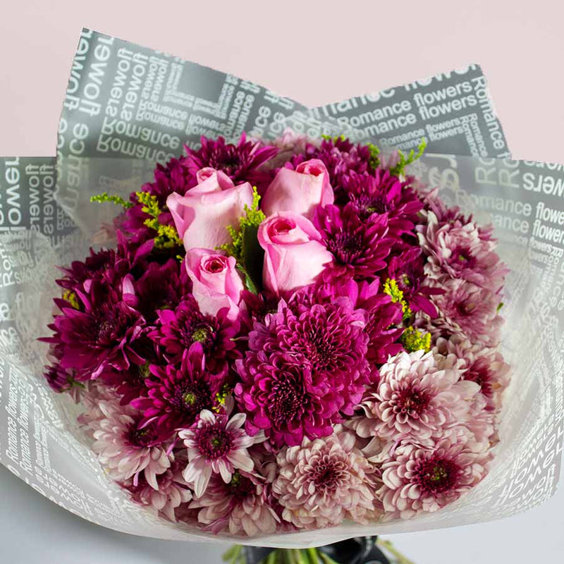 Hand Bouquet with Purple Chrysanthemums & Pink Roses