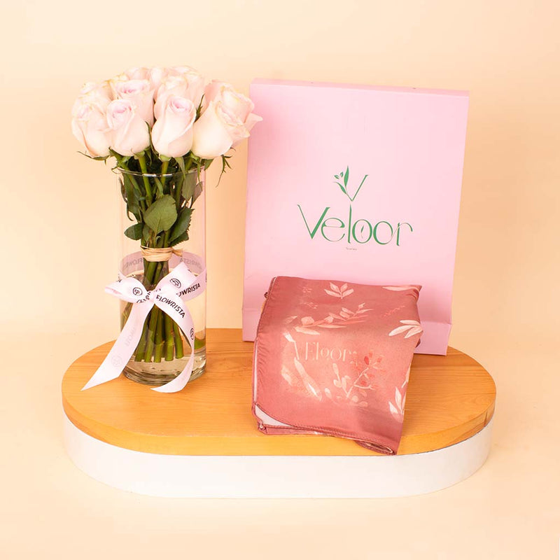 Veloor Rafef Scarf & Pink Roses Vase