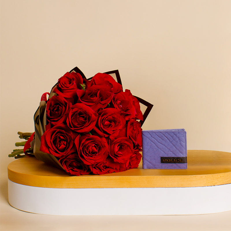 Police Blue Wallet & 15 Red Roses Bouquet - A Heartfelt Gift