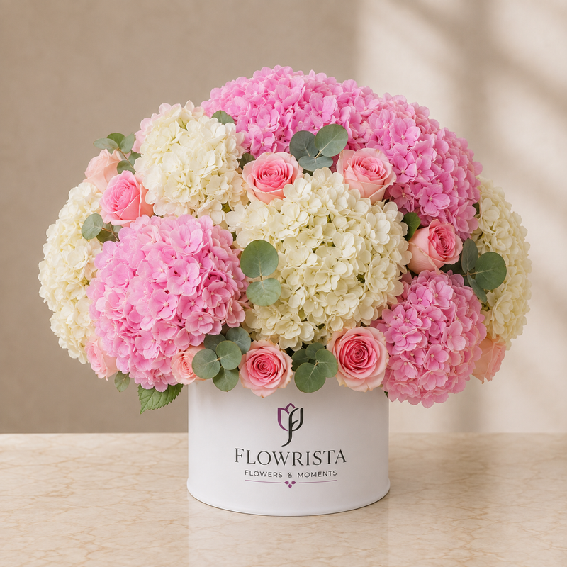 Pink and white hydrangea with pink roses in Flowrista white hat box – luxury flower arrangement Dubai