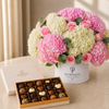 Pink and white hydrangea with pink roses Flowrista box and Godiva chocolate box – luxury gift bundle Dubai