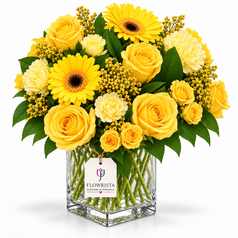 A vibrant yellow floral arrangement featuring yellow roses, sunflowers, and cream carnations in a clear glass vase with a visible Flowrista tag, set against a clean white background.
