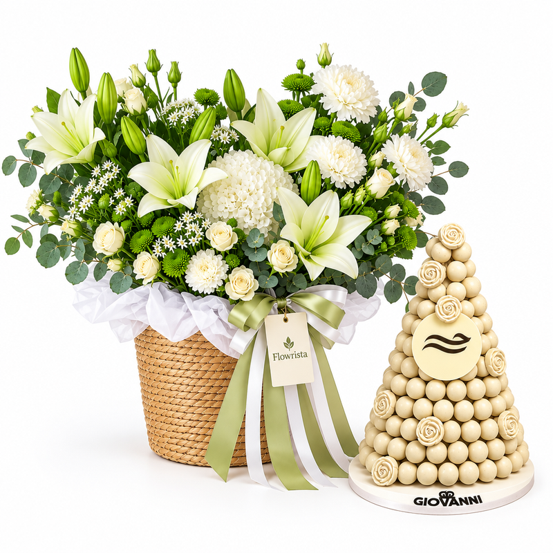 Giovanni ivory chocolate pyramid beside Flowrista white lily and rose flower basket
