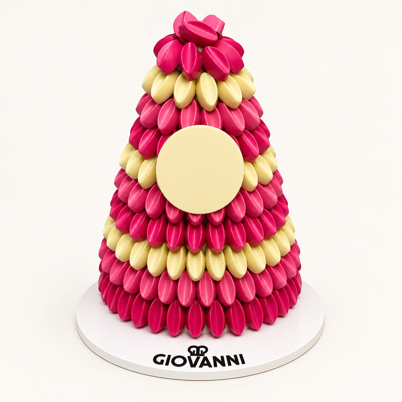Giovanni pink and ivory petal chocolate pyramid with blank customizable round plaque