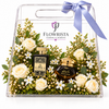 Ashek Al Oud and Bakhoor Kuwati with fresh white roses in a clear Flowrista gift bag