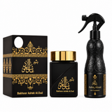 Ashek Al Oud bakhoor black jar and box beside Ashiq Aloud black air freshener trigger spray