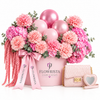 Flowrista pink carnation and balloon box with pink quilted crossbody bag gift set