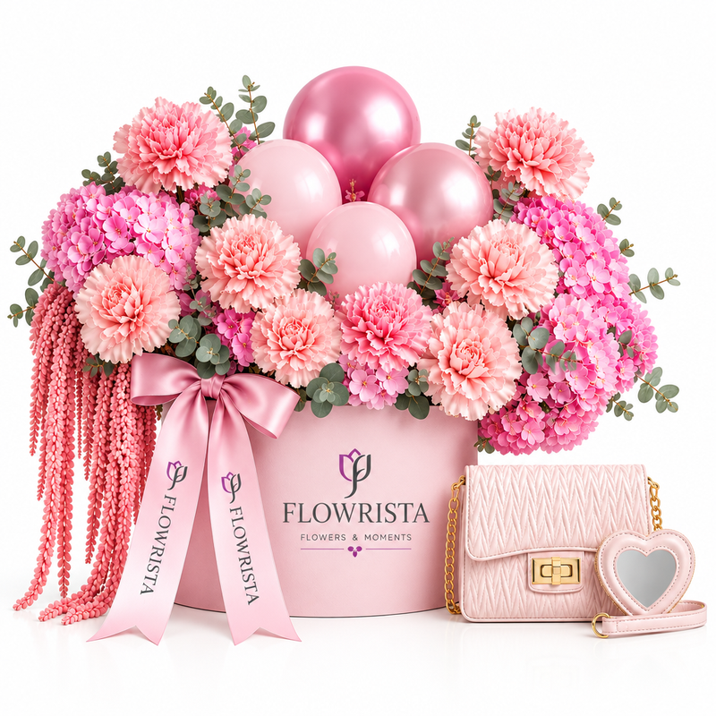 Flowrista pink carnation and balloon box with pink quilted crossbody bag gift set