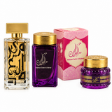 Amir Al Oud Gold perfume, Saher Alkalmet bakhoor and Mamoul Saher Al.Kalmat purple jars with pink boxes