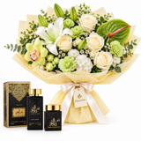 Black Intense perfume and Ashek Al Oud Bakhoor beside Flowrista white and green mixed bouquet