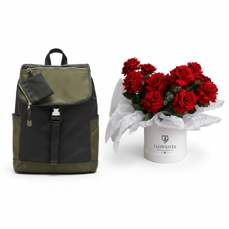 Parfois colour block nylon backpack with Flowrista red roses white box