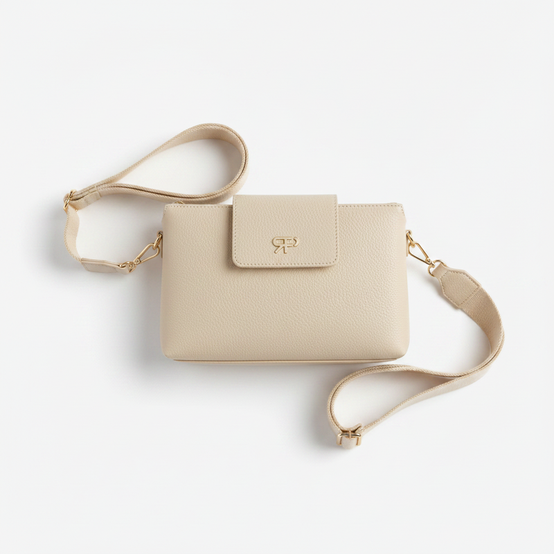 Parfois cream ecru crossbody bag with flap closure and gold logo charm