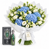Fakher perfume and presentation box beside a Flowrista blue hydrangea and white lisianthus bouquet