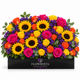 Fresh yellow sunflowers pink orange and yellow roses with purple statice and eucalyptus in a black Flowrista planter