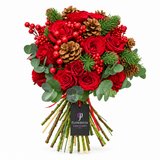 Red rose bouquet with pine cones red berries evergreen eucalyptus and black Flowrista tag