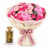 Amir Al Oud Gold perfume with Flowrista pink rose and hydrangea bouquet gift bundle