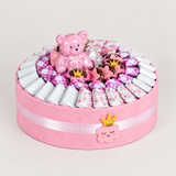 Baby Girl 11 pink and white chocolate gift basket with teddy bear
