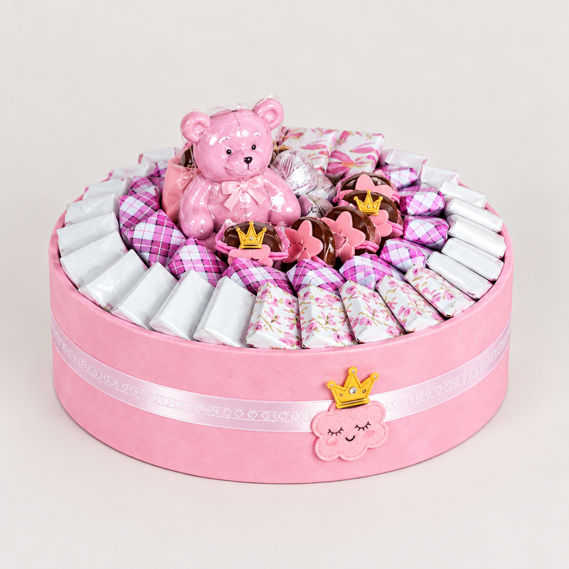 Baby Girl 11 pink and white chocolate gift basket with teddy bear