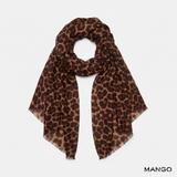 Mango chocolate brown leopard print foulard with frayed edges on white background