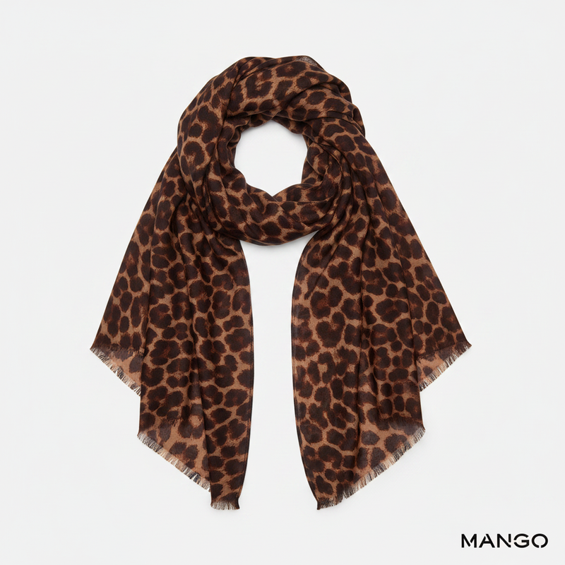 Mango chocolate brown leopard print foulard with frayed edges on white background