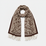 Mango chocolate brown paisley print scarf with cream background and frayed edges 190x90cm