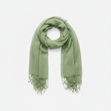 Mango sage green cotton blend scarf with fringe ends on white background
