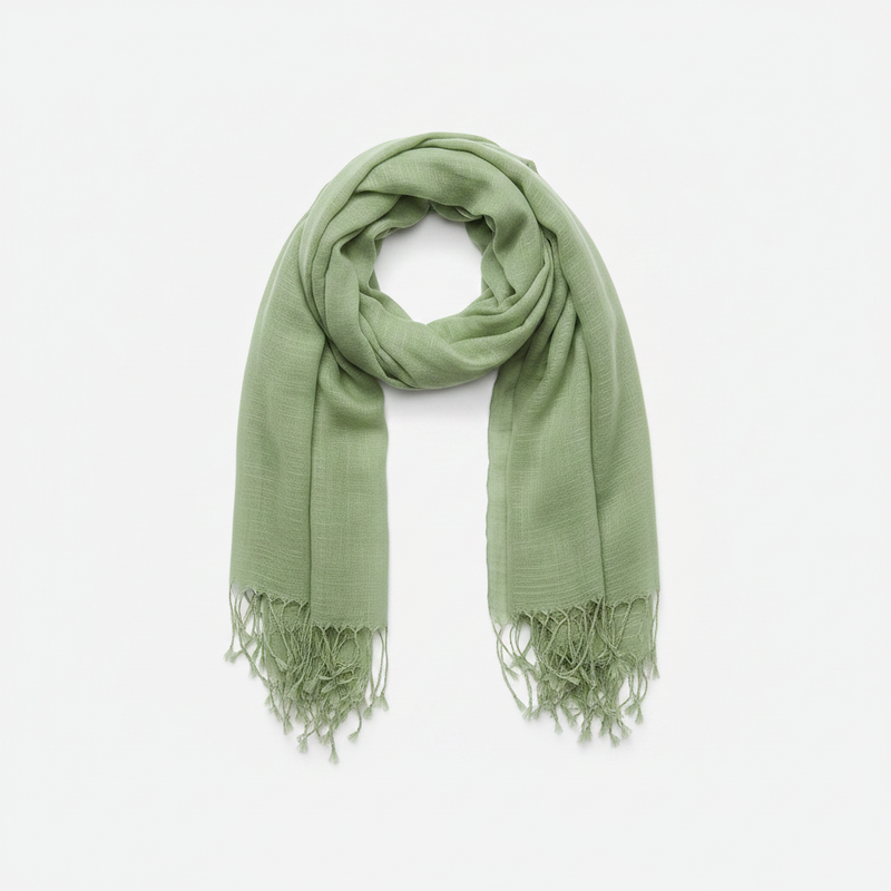 Mango sage green cotton blend scarf with fringe ends on white background