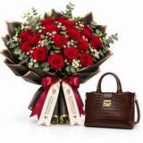Flowrista red rose bouquet with brown croc Crealily satchel gift set