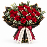 Red roses with gypsophila in Flowrista black and gold wrap with burgundy bow