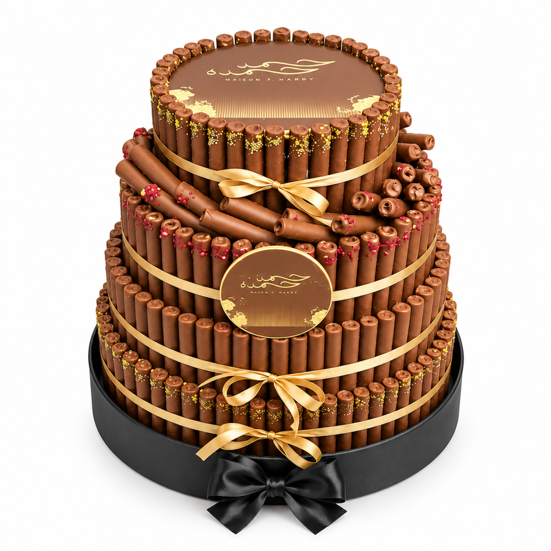 Italian Fine Fair Pyramid Jumbo tiered chocolate arrangement with gold ribbons on a dark base