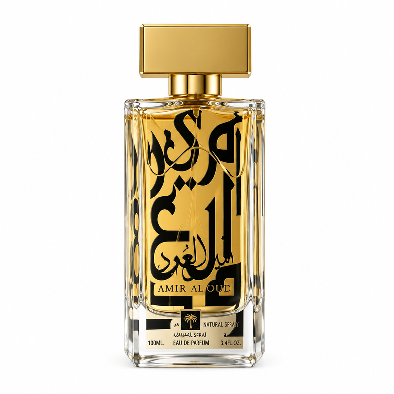 Amir Al Oud Gold perfume bottle with gold cap on a white background