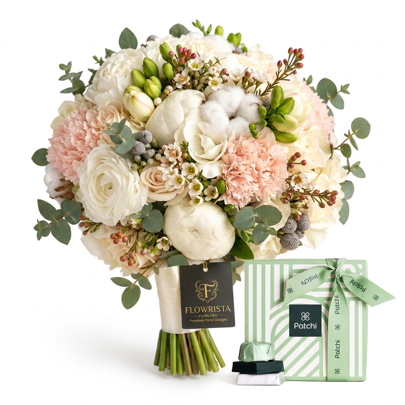Patchi 500g chocolate box with green ribbon beside a white and blush pink Flowrista bouquet