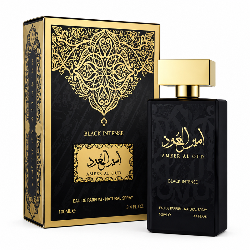 Amir Al Oud Black Intense Eau de Parfum 100ml black bottle with gold cap and matching box